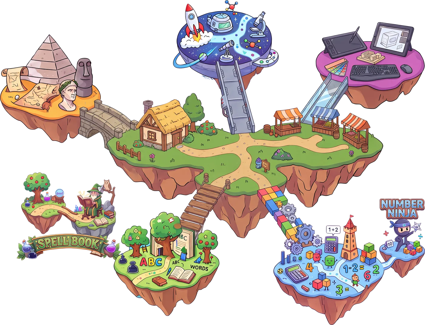 The Spry Sky Kingdom: Humanities, Science and Technologies islands above Hometown, with Spell Book and Number Ninja islands below
