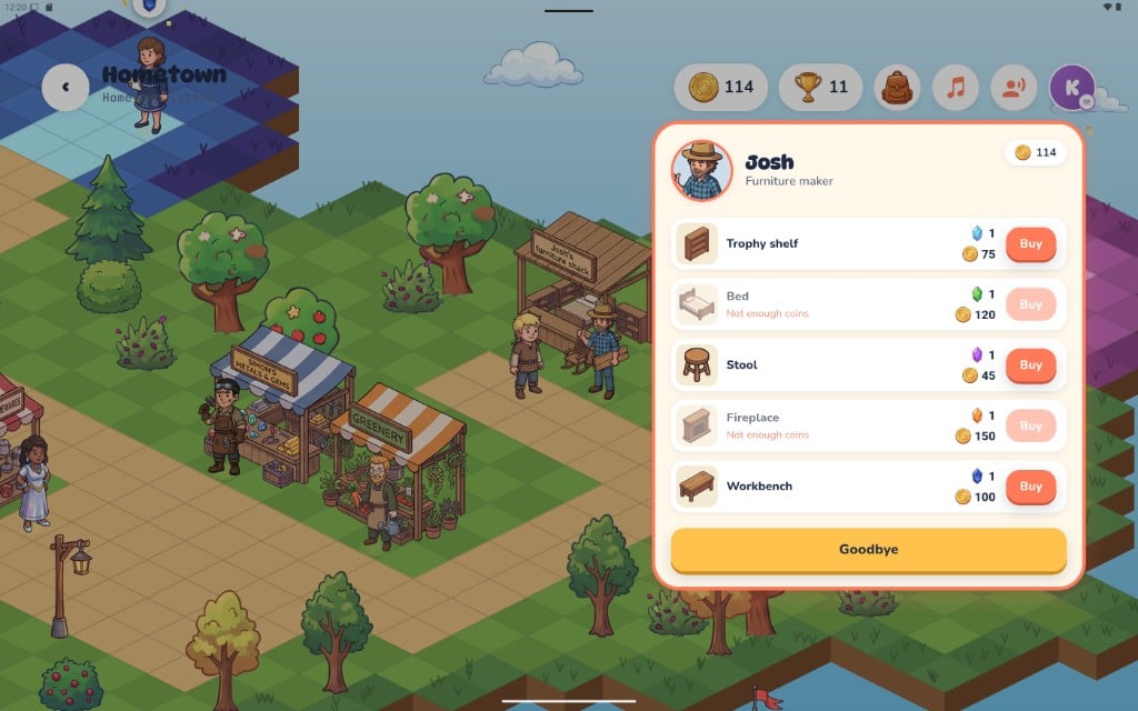 Josh’s furniture shop in Hometown with beds, shelves, and other items to buy with coins