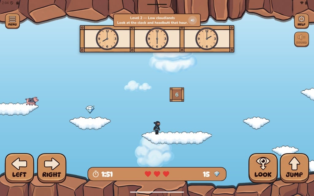 Number Ninja — Low cloudlands level with clock puzzles and platformer controls on the tablet