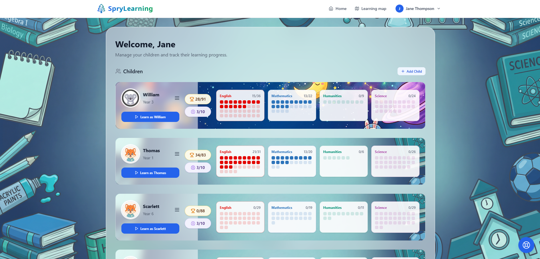 SpryLearning parent home with child progress