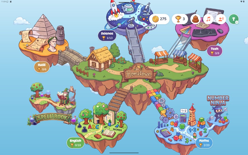 The Sky Kingdom with Science island highlighted — maps and quizzes, no games in School mode