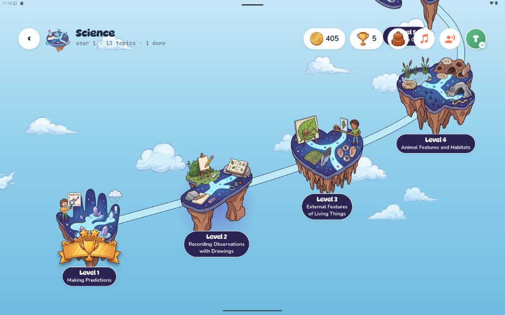 Year 1 Science topic map with levels along a path and progress trophies