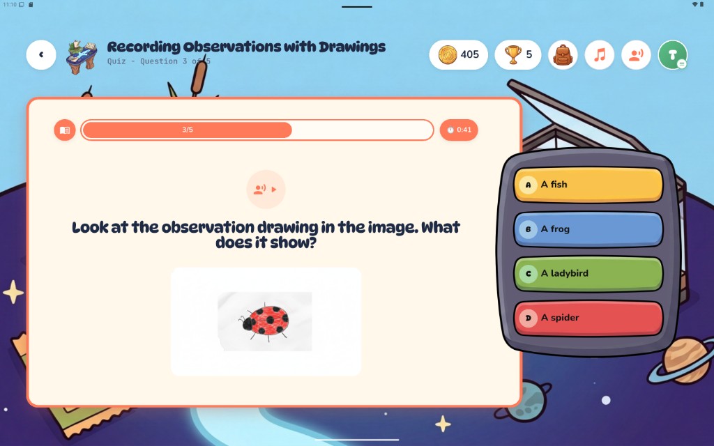 A Year 1 Science quiz with a diagram, read-aloud, and multiple-choice answers