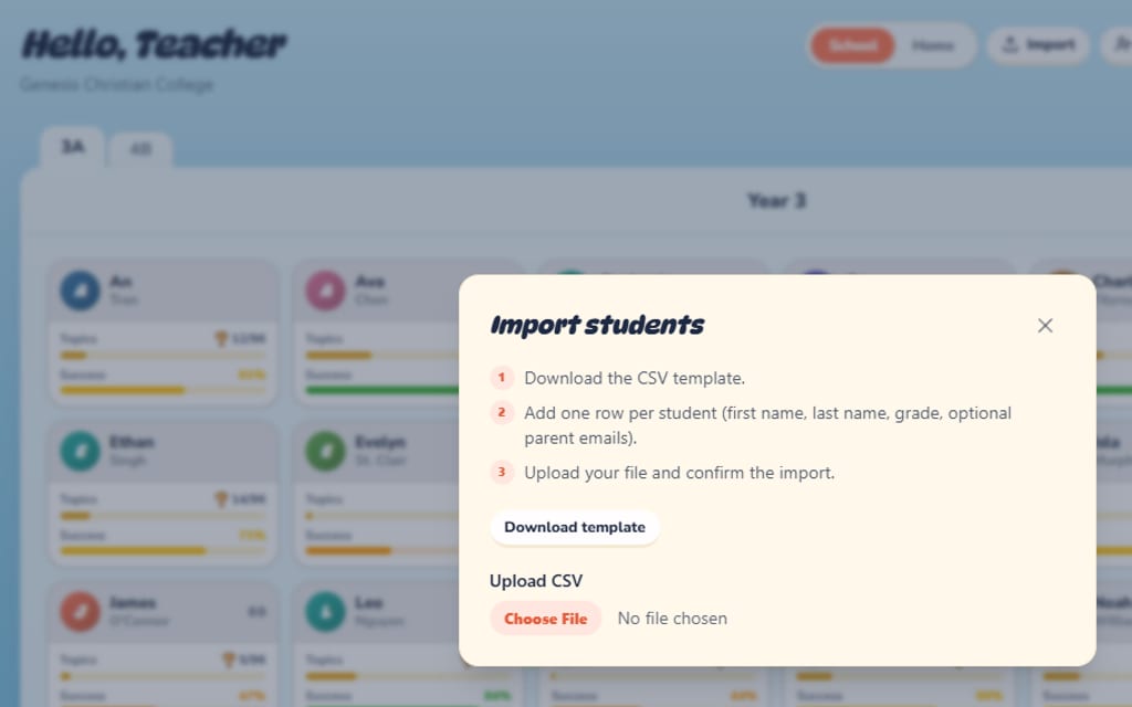 Import students dialog on the teacher web dashboard — CSV template download and upload