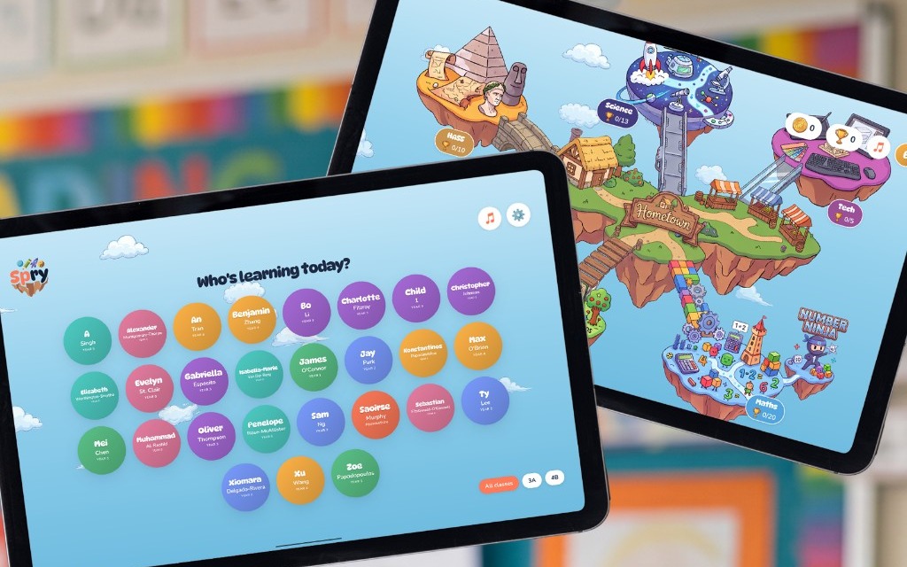 Classroom tablets in School mode — student profile picker and the Sky Kingdom learning-area map